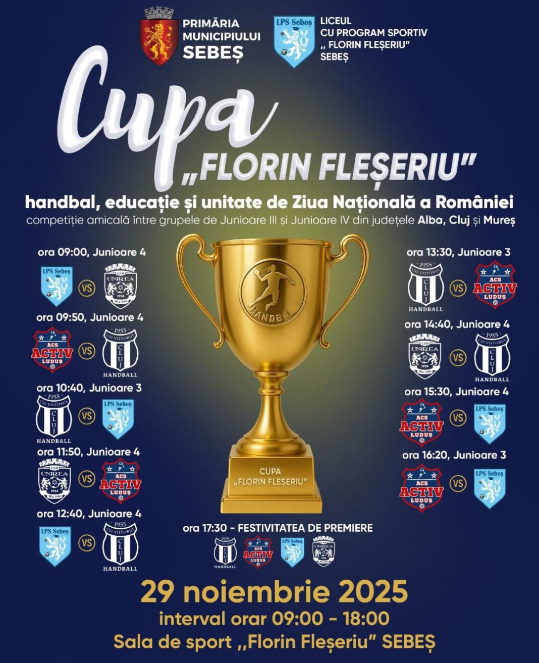 29 noiembrie: Prima ediție a Campionatului de handbal „Florin Fleșeriu” la Sebeș. Participă junioare III și IV din Alba, Cluj, Mureș