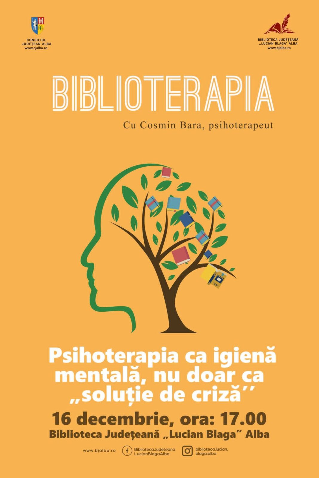 Marți, ora 17:00 „Psihoterapia ca igienă mentală, nu doar ca o soluție de criză”, tema lunii decembrie la „Biblioterapia”