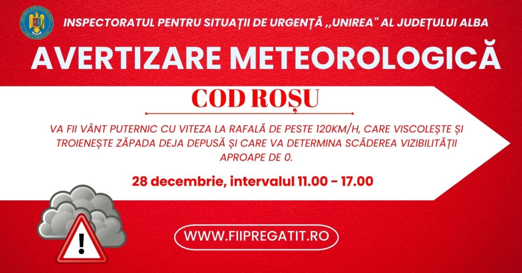 Cod roșu de vânt, la rafală peste 120 km/h în zona de munte a județului Alba, și cod portocaliu de vânt cu rafală de 110 km/h în mai multe localități
