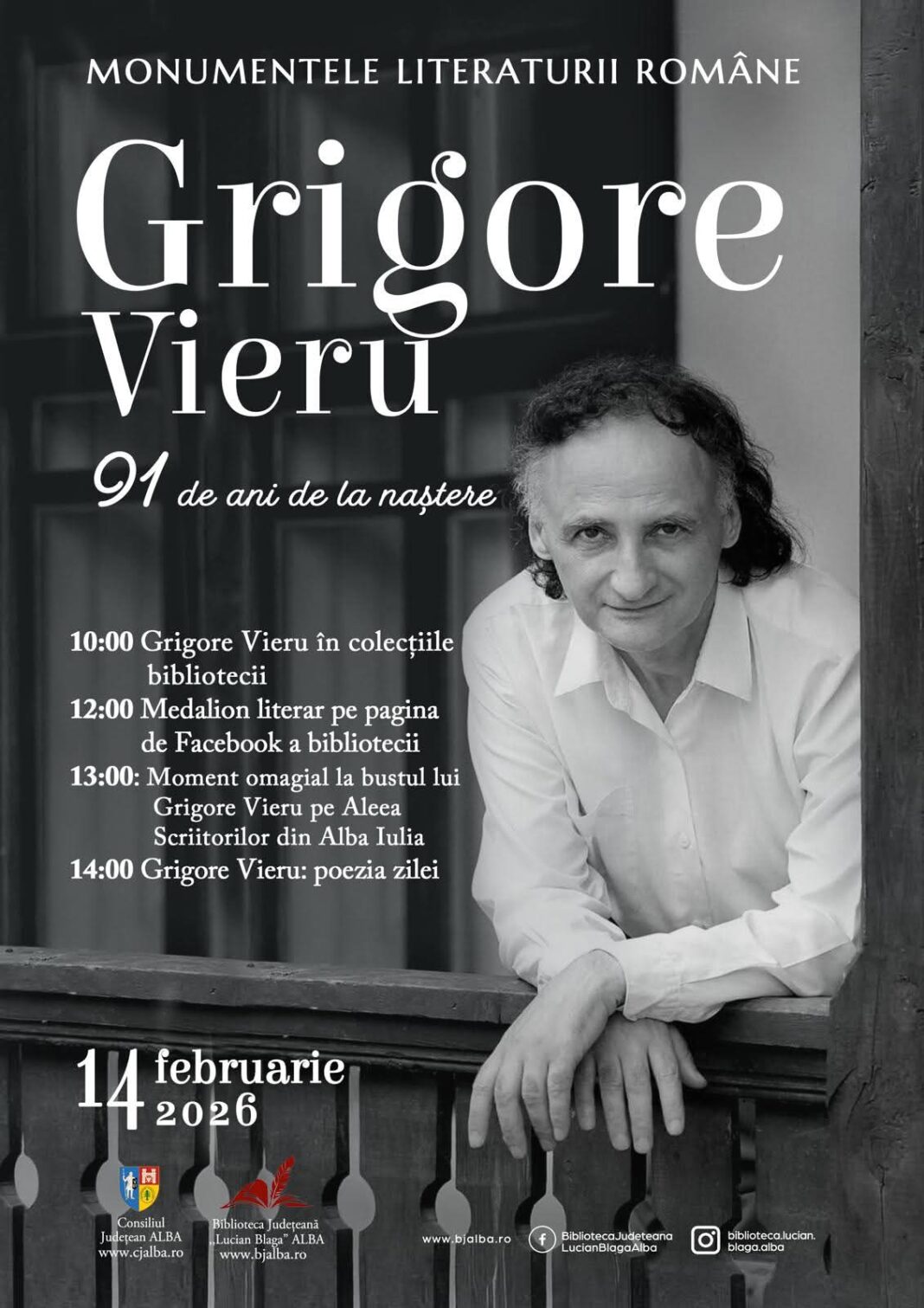 Sâmbătă: Poetul Grigore Vieru, omagiat la 91 de ani de la naștere, la Biblioteca Județeană „Lucian Blaga” Alba
