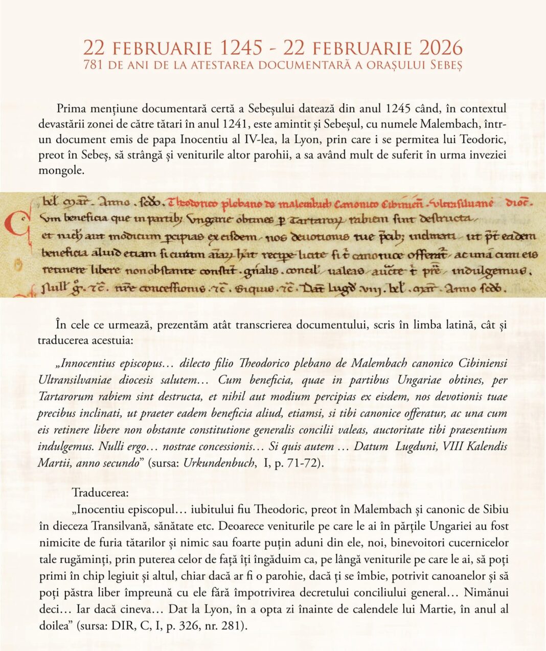 S-au împlinit 781 ani, de la atestarea documentară a Municipiului Sebeș