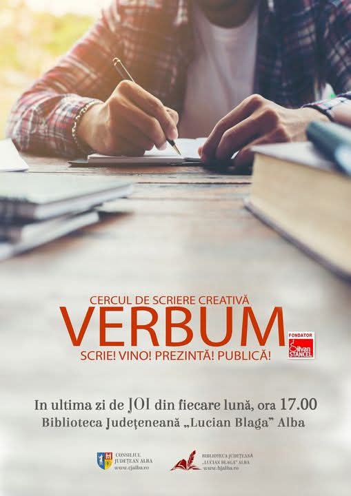 Joi, ora 17:00 Biblioteca Județeană „Lucian Blaga” Alba, vă invită la cercul de scriere creativă „Verbum”