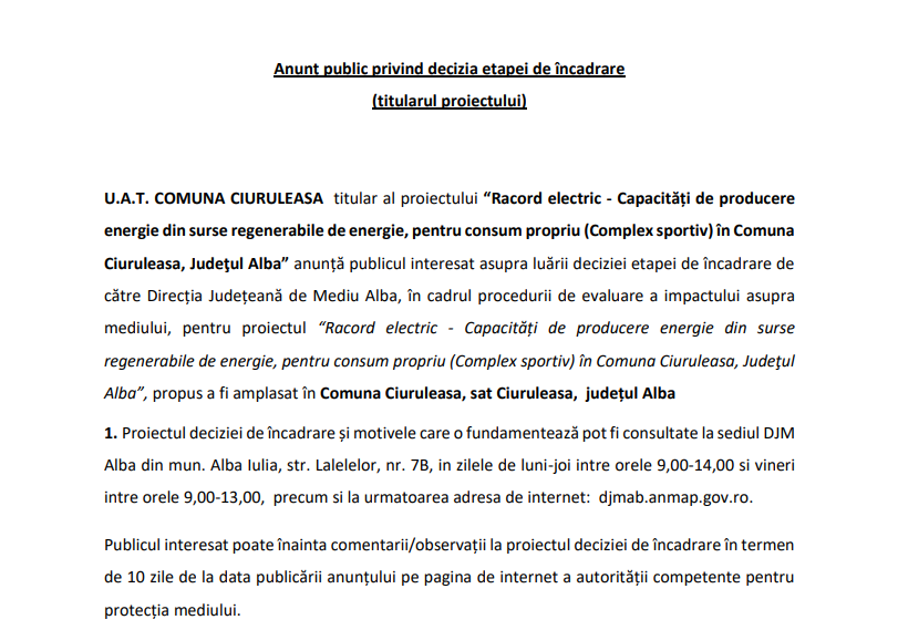 Anunț public privind decizia etapei de încadrare(titularul proiectului)