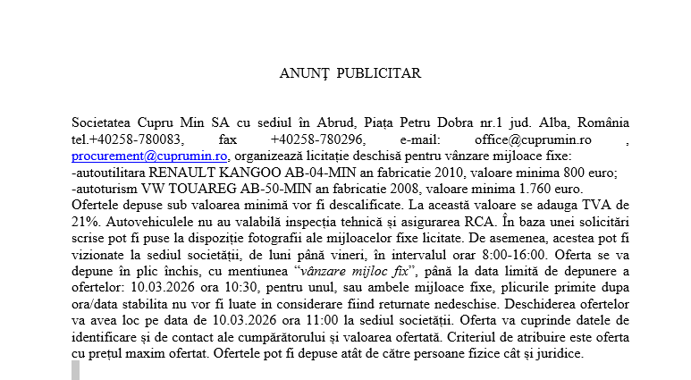 Licitație deschisă pentru vânzare mijloace fixe la Cupru Min SA