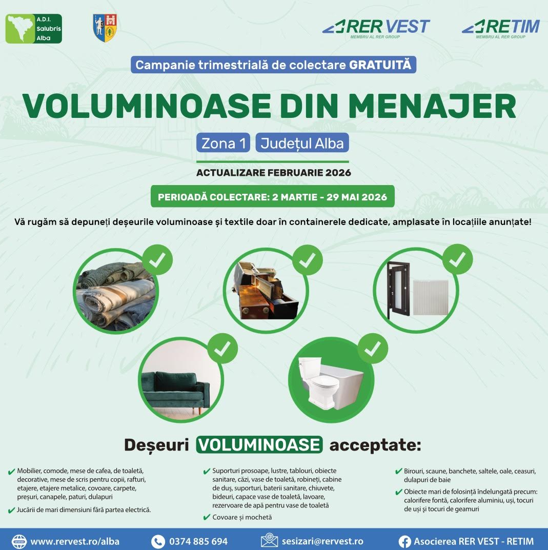 Campanie de colectare gratuită a deșeurilor voluminoase și textile din menajerîn Zona 1 a Județului Alba