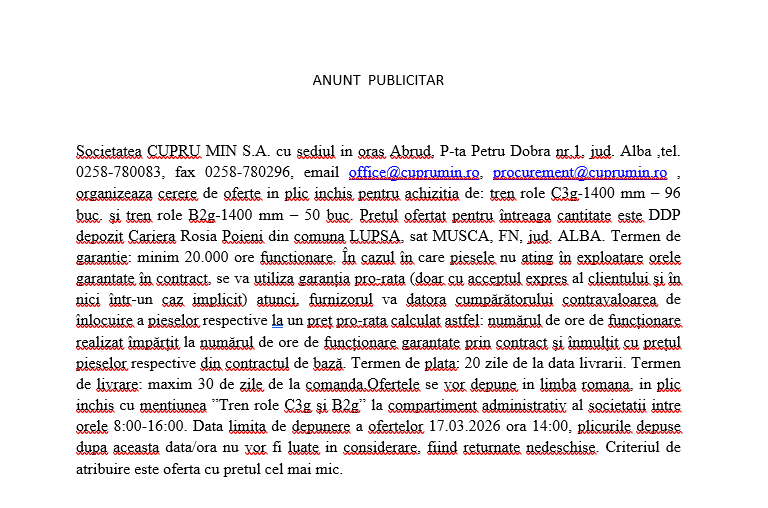 Cerere de oferte in plic inchis pentru achizitia de: tren role C3g-1400 mm – 96 buc. și tren role B2g-1400 mm – 50 buc