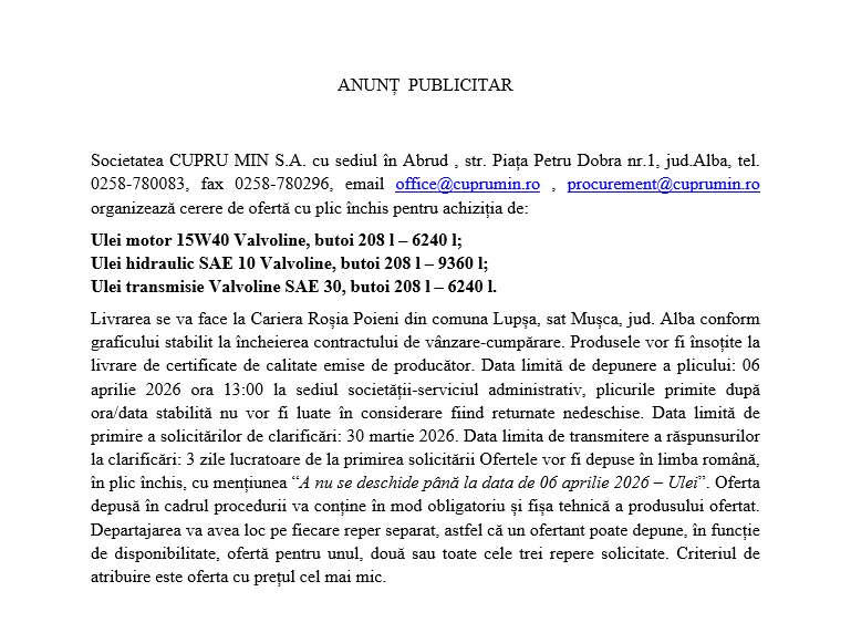 CUPRU MIN S.A : cerere de ofertă cu plic închis