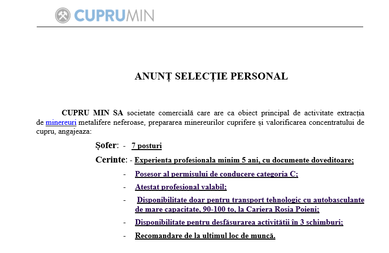 CUPRU MIN SA ANUNȚ SELECȚIE PERSONAL