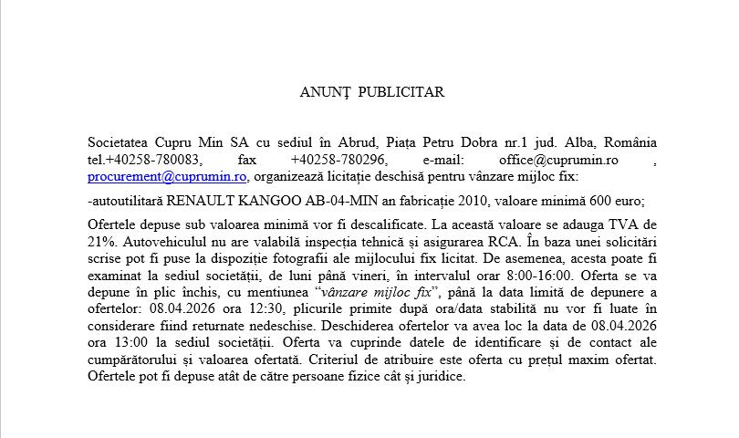 Licitație deschisă pentru vânzare mijloc fix: -autoutilitară RENAULT KANGOO