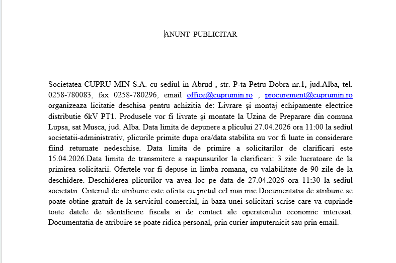 Licitatie deschisa pentru achizitia de: Livrare și montaj echipamente electrice distributie 6kV PT1