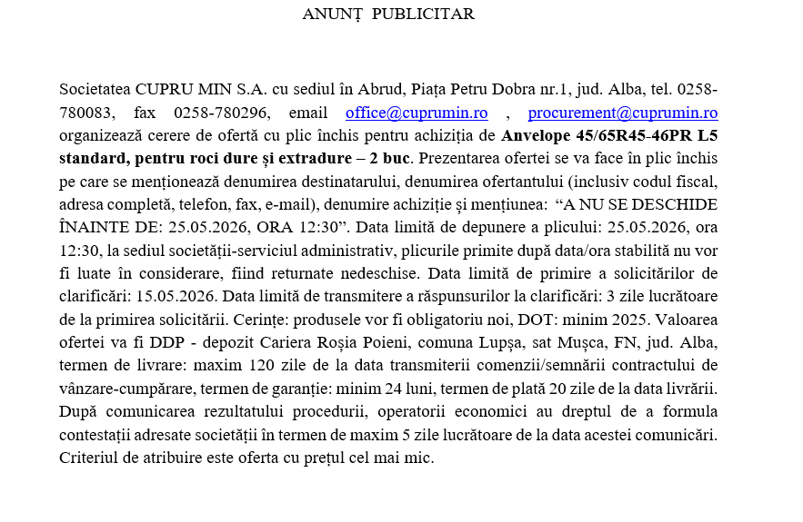 Cerere de ofertă cu plic închis pentru achiziția de Anvelope 45/65R45-46PR L5 standard, pentru roci dure și extradure – 2 buc