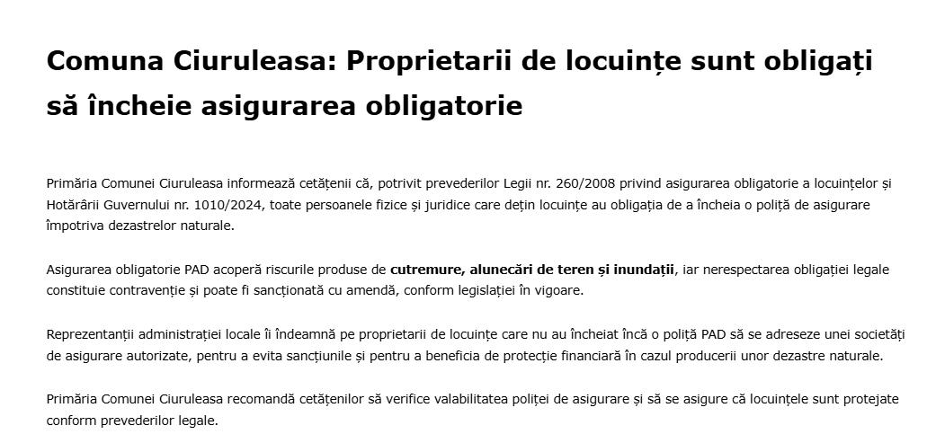 Comuna Ciuruleasa: Proprietarii de locuințe sunt obligați să încheie asigurarea obligatorie