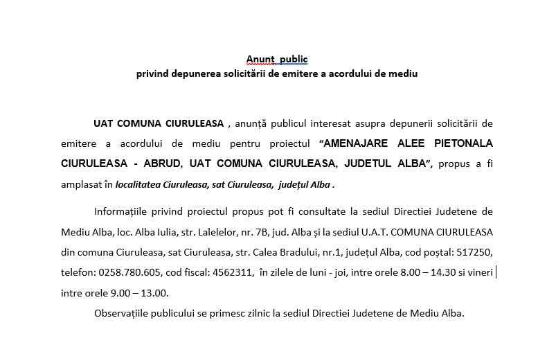 Anunț public privind depunerea solicitării de emitere a acordului de mediu UAT COMUNA CIURULEASA