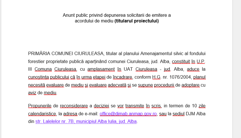 Anunt public privind depunerea solicitarii de emitere a acordului de mediu