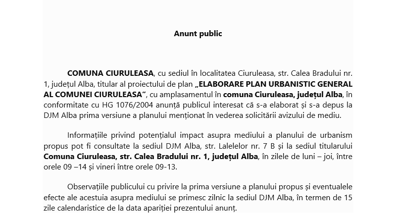 Anunt public: ELABORARE PLAN URBANISTIC GENERAL AL COMUNEI CIURULEASA